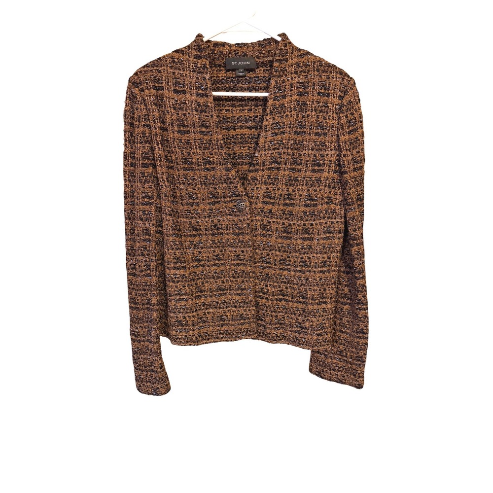 St John Collection Brown Fall Textured Knit Single Button Blazer Jacket Luxury 8